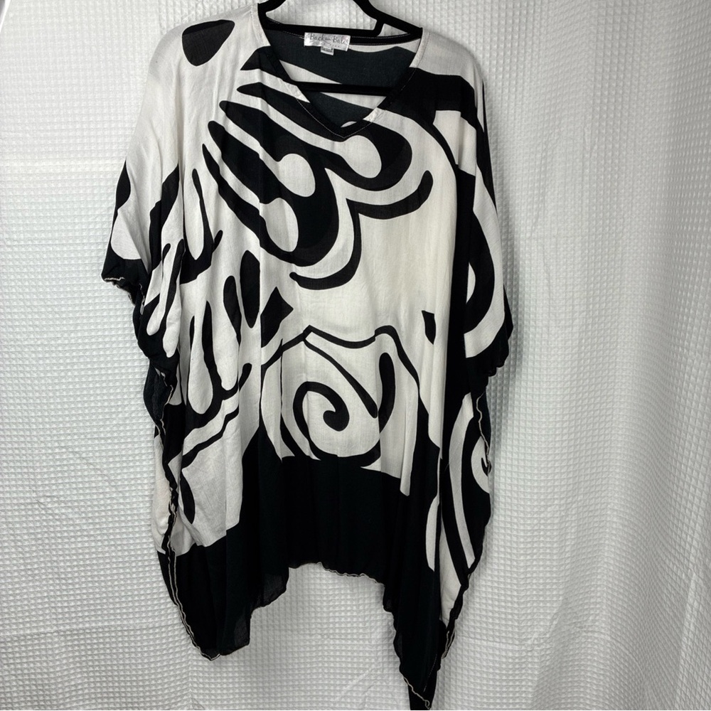 Black White Caftan Mini Dress Swim Coverup Back From Bali Abstract Butterfly OS